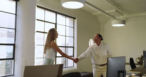 Professionals Shaking Hands During Meeting in Bright Office Workspace
