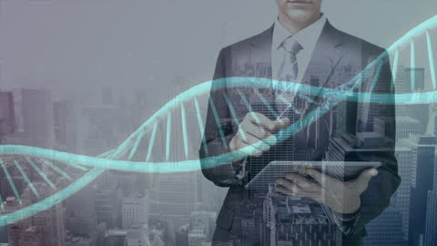 DNA Strand Superimposed on Businessman Holding Tablet in Urban Background