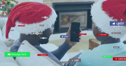 People in Santa Hats Enjoying Social Media During Holiday Season