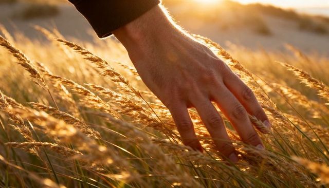Hand gliding through golden dune grasses at sunset backlit by warm amber light