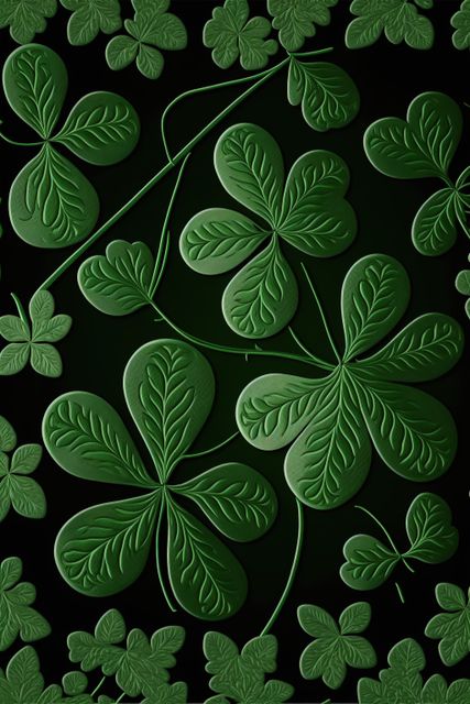 Patterned green shamrocks on dark background, created using generative ai technology. St patricks day, irish tradition and celebration concept digitally generated image.
