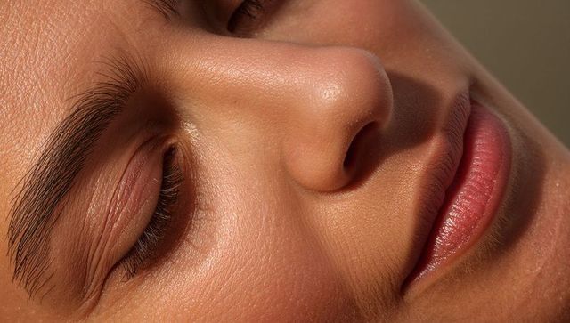 Close-up serene woman resting with closed eyes showing natural skin texture and eyelashes