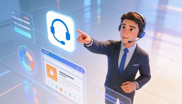 Executive support agent pointing at holographic ui for virtual customer service demo