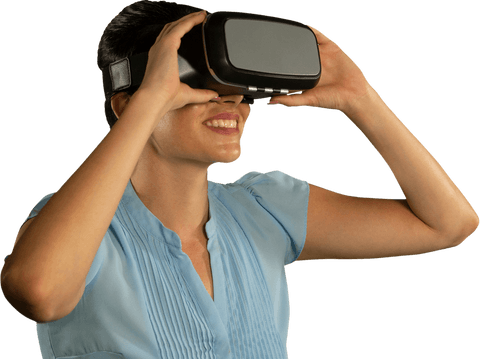 Smiling woman engaging with transparent virtual reality headset