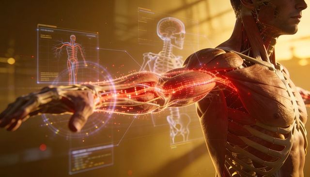 Futuristic anatomy visualization displaying muscular system with holographic neural trails
