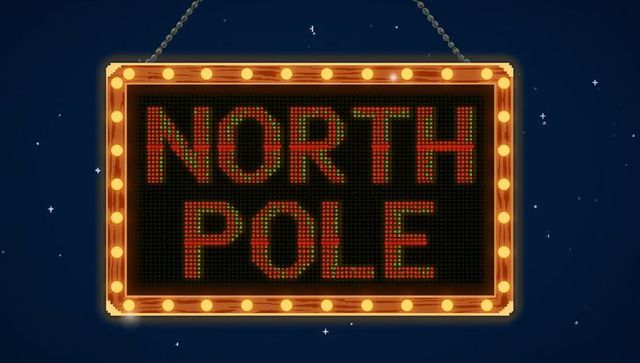 Hanging wooden marquee sign glowing with bulbs and led display reading north pole at night