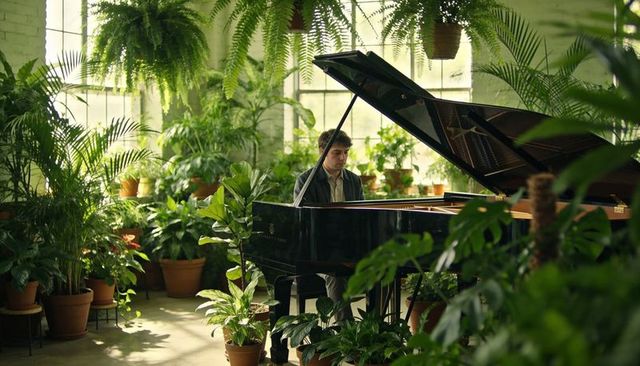 Playing pianist at grand piano in sunlit greenhouse surrounded by lush potted plants