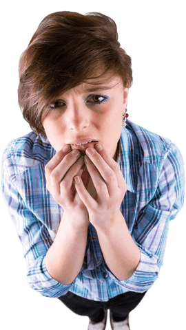 Anxious woman biting nails on transparent background for lifestyle concept