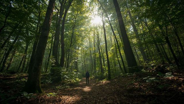 Hiker walking through sunlit canopy on mossy forest trail, solitary outdoor adventure