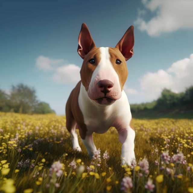 Portrait of brown bull terrier in meadow, created using generative ai technology. Animal, pet and dog concept digitally generated image.