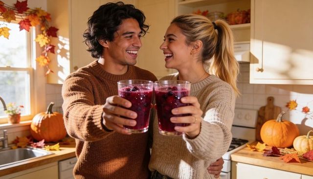 Couple clinking berry drinks in sunlit kitchen with autumn pumpkins and knit sweaters