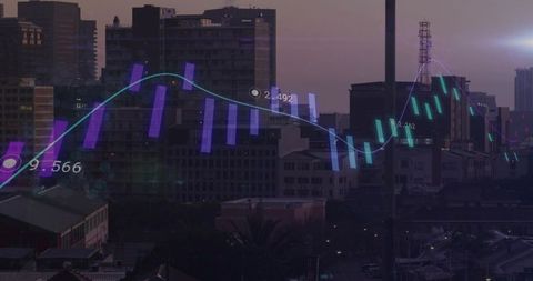 Urban skyline at dusk with neon market overlay showing candlestick charts and trend lines