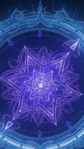 Glowing neon polygram star pulsing with sliding arrowhead on rotating circuit ring