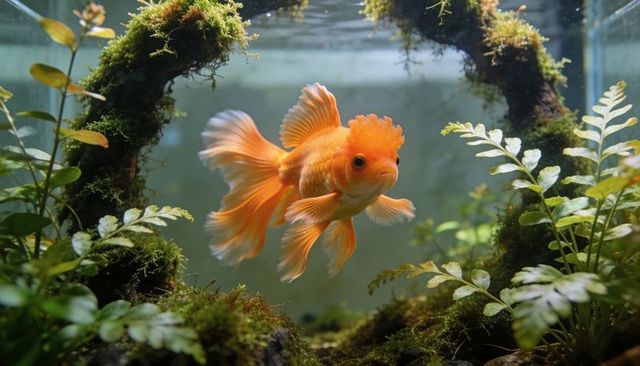 Fancy goldfish swimming in lush planted aquarium with moss-covered driftwood arch