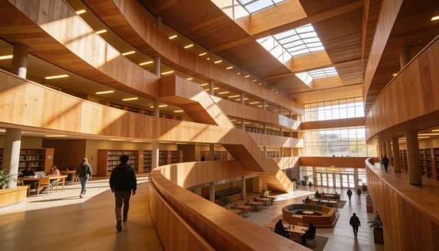 Sunlit modern timber library atrium with curved balconies, central staircase and skylight