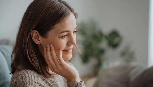 Pensive woman relaxing on sofa wearing knit sweater and hoop earring, soft daylight portrait