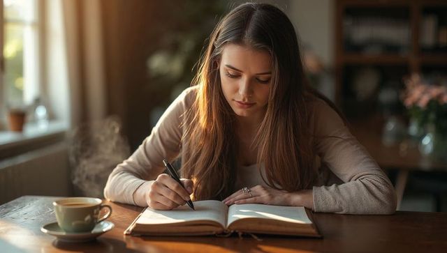 Young woman writing journal by window with steaming coffee in cozy wooden cafe morning