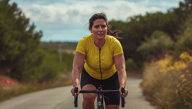 Female cyclist pedaling hard on rural road wearing yellow jersey and road racing bike
