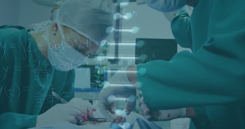 DNA Hologram Overlay with Focused Surgeons Performing Surgery