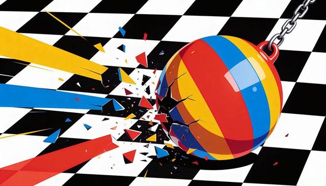 Smashing wrecking ball cracking checkerboard surface, multicolor shards flying in dynamic motion