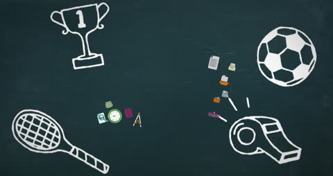 Digital Education Concept with Sport Icons and Trophy on Chalkboard