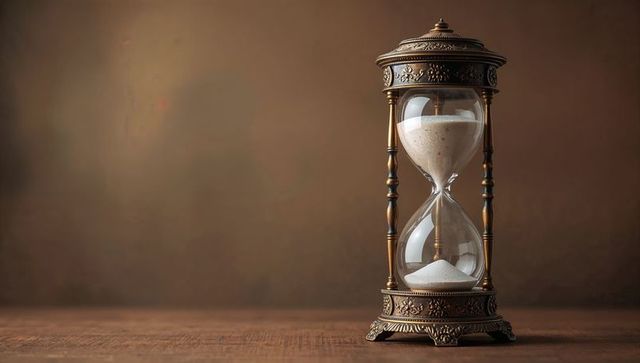 Ornate hourglass with brass frame on wooden surface