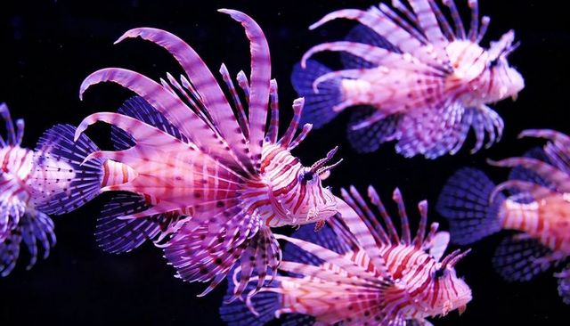 Neon-striped lionfish swimming under purple aquarium light with flowing fan fins