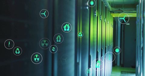 Futuristic data center with eco-friendly technology icons