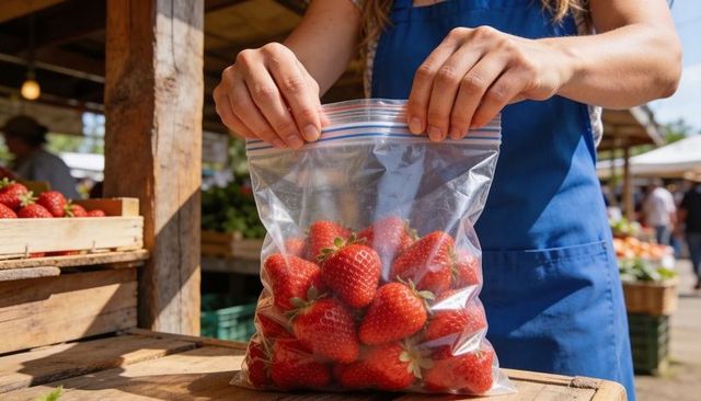 Vendor packing fresh strawberries into resealable zip-top bag at outdoor farmers market