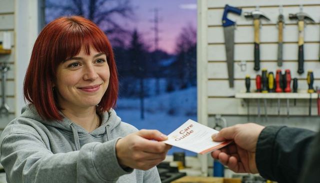 Smiling hardware staff handing care guide to customer at workshop counter during dusk