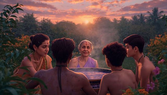 Elder matriarch guiding family through sunset ritual around ornate metal basin in garden