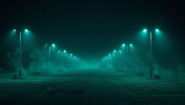 Empty Misty Parking Lot at Night with Teal Streetlights and Symmetrical Perspective