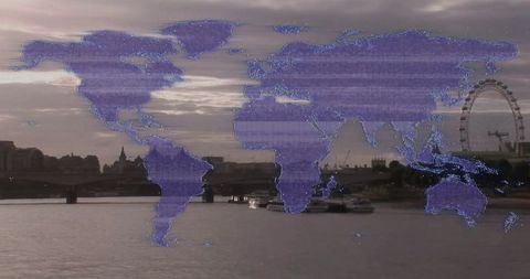 Semi-Transparent World Map Overlay on Urban Riverside