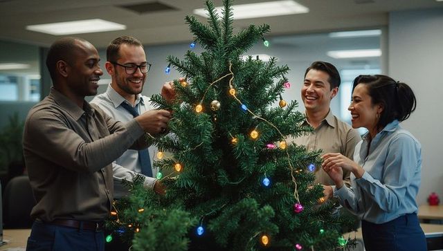 Diverse team decorating office christmas tree for festive celebration