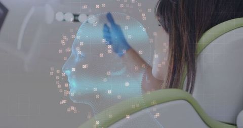 Technician Capturing 3D Fantasy Wireframe Head with Lab Scanner