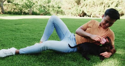 Young man playing with dog on green lawn outdoors