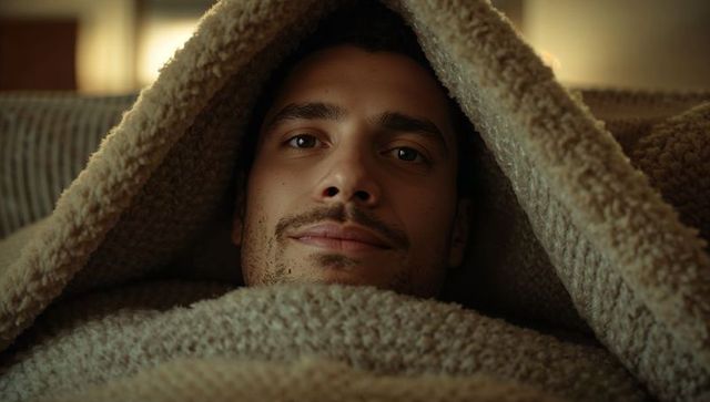 Relaxing man wrapped in beige fleece blanket on sofa enjoying cozy evening closeup