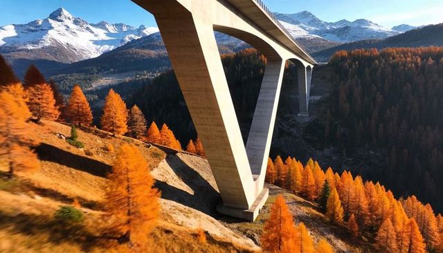 Dramatic alpine viaduct stretching over golden larch forest and snow-capped peaks