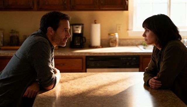 Couple leaning across kitchen island having serious conversation in warm sunlight, intimate