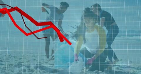 Group participating in beach cleanup with declining profit graph