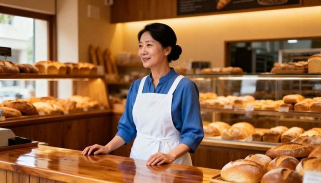 Smiling baker standing behind wood counter in warm artisan bakery display with fresh bread
