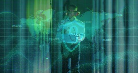 Businessman Interacting with Holographic Global Data Interface in Futuristic Analytics Hub