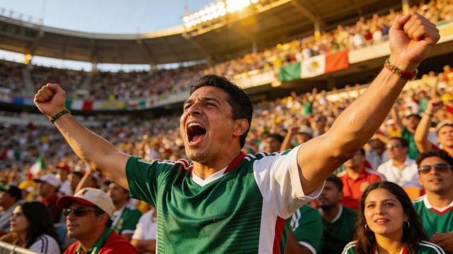 Mexican soccer fan celebrating victory in sunlit stadium with raised arms and passion