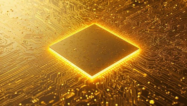 Glowing gold microchip illuminating high-density pcb with solder pads and traces