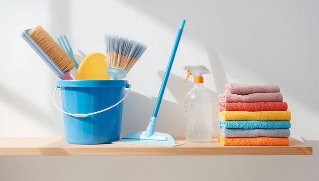 Organizing colorful cleaning supplies on wooden shelf with blue bucket and spray bottle