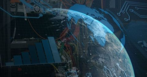 Globe and graphs overlaid with digital technology icons