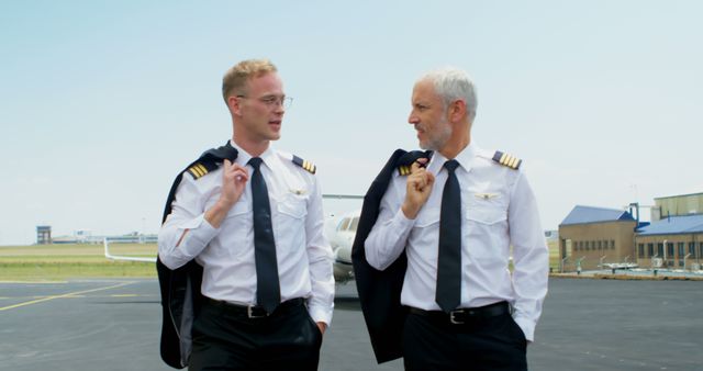 Mature and young pilots conversing while walking on runway. Ideal for content on aviation, professional teamwork, airline crew dynamics, leadership in aviation industry, or airports.