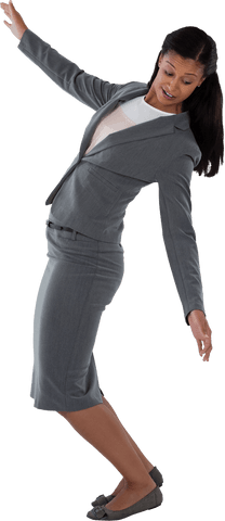 Transparent businesswoman balancing confidently in gray suit