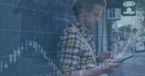 Man Engaged with Financial Analytics on Smartphone Outdoors