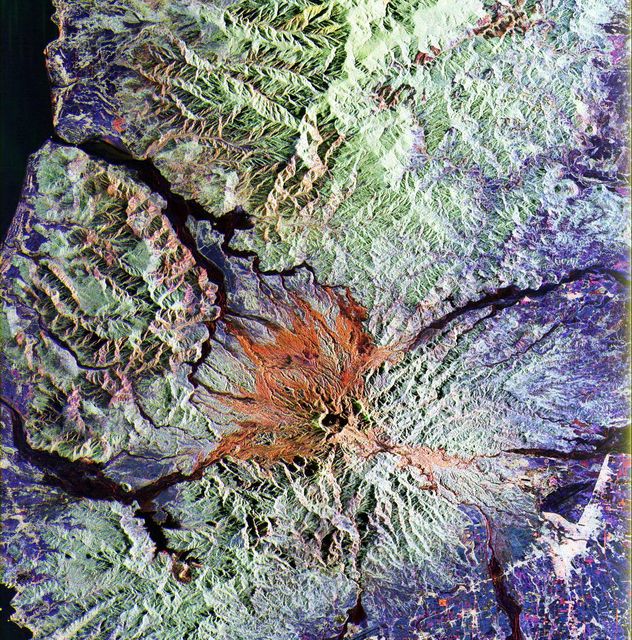This is a false color L-band and C-band image of the area around Mount Pinatubo in the Philippines, centered at about 15 degrees north latitude, 120.5 degrees east longitude.